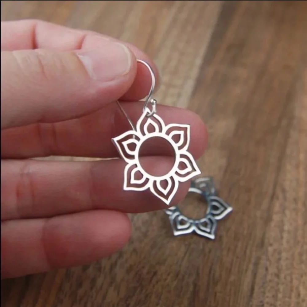 Silver Lotus Dangle Drop Earrings